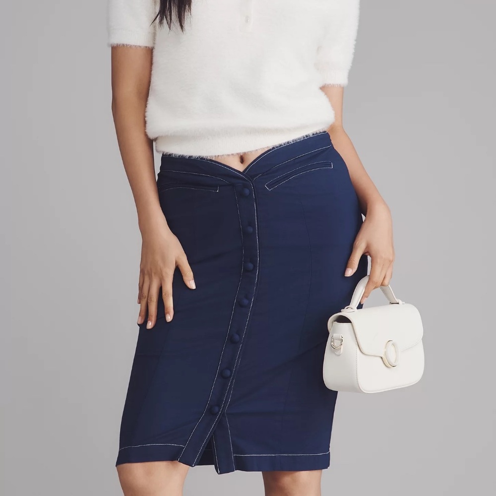 Anthropologie Maeve Curved-Waist Buttondown Pencil Skirt Navy Blue NWT size 0